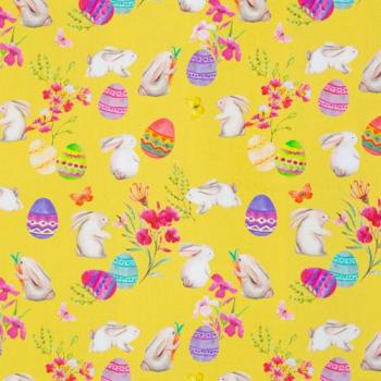 Bauwoll Druck Hasen auf Gelb von Happy Easter by Swafing 